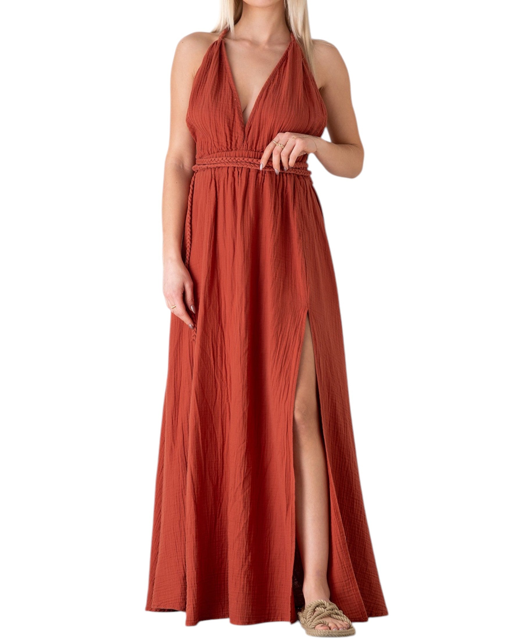 Sommerkleid 100% Baumwolle mit V-Ausschnitt, Bindegürtel & Rückenträger aus Musselin