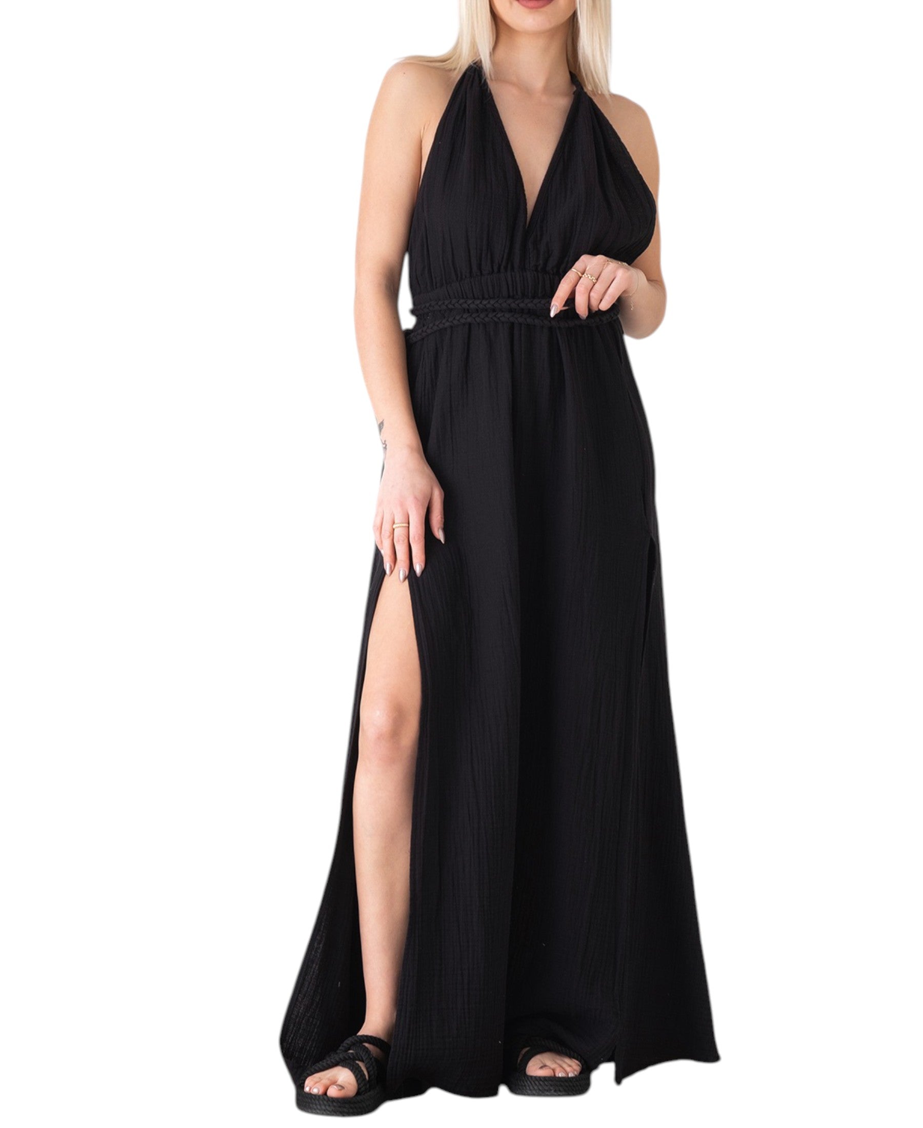 Sommerkleid 100% Baumwolle mit V-Ausschnitt, Bindegürtel & Rückenträger aus Musselin