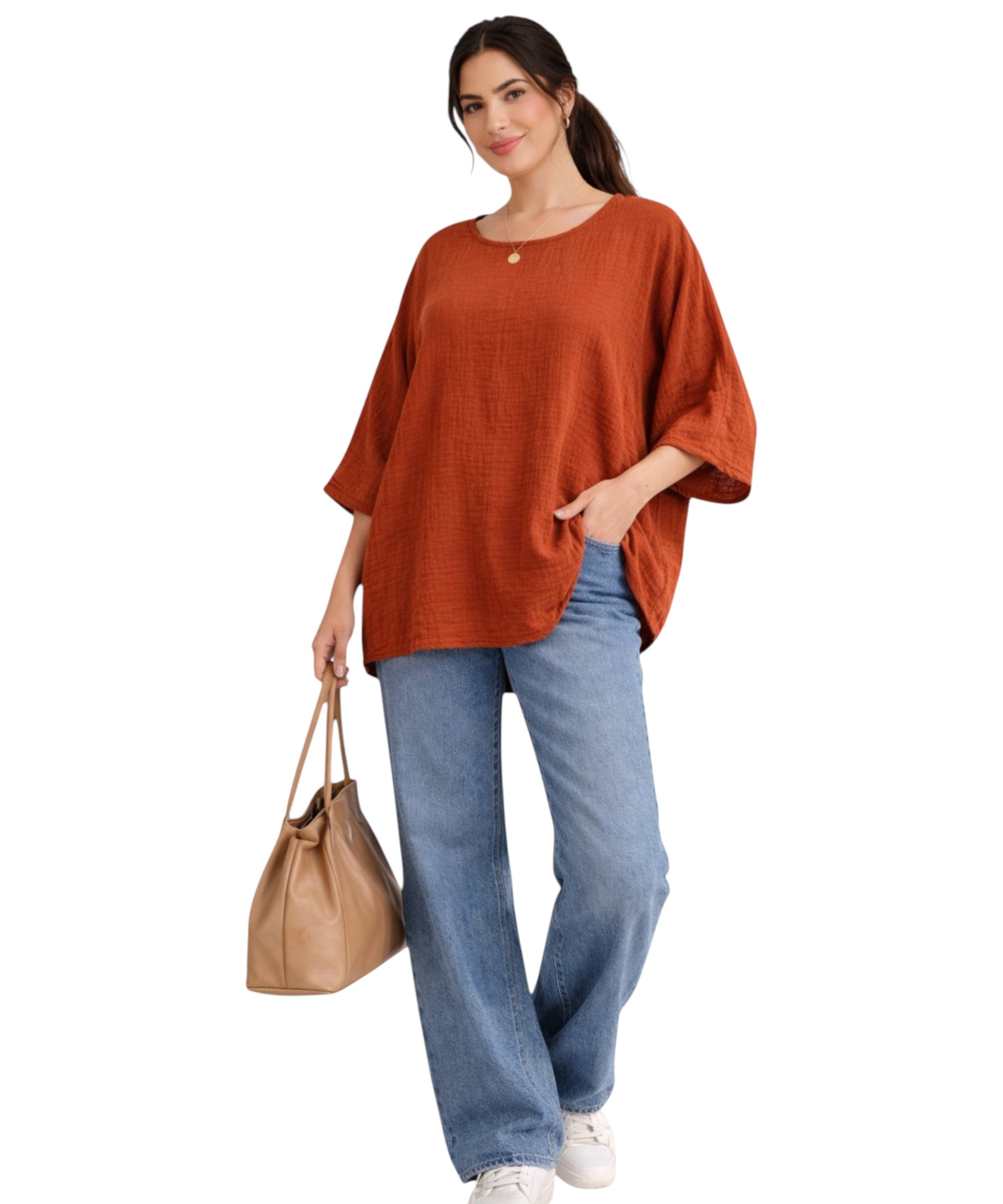 Blusentop Damen Musselin Oversize Bluse Fledermausärmel