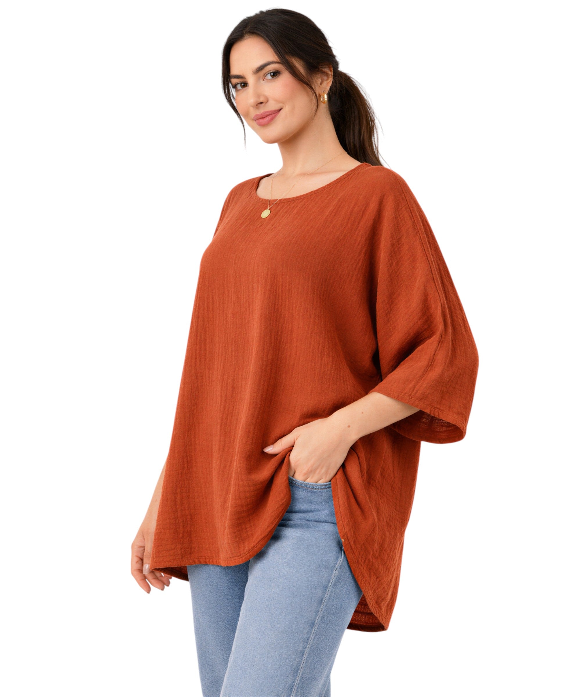 Blusentop Damen Musselin Oversize Bluse Fledermausärmel
