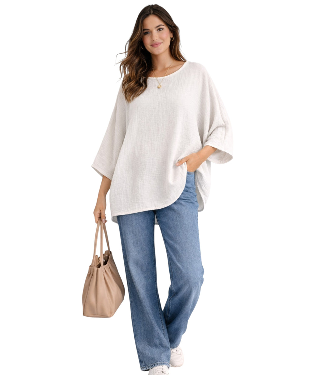 Blusentop Damen Musselin Oversize Bluse Fledermausärmel