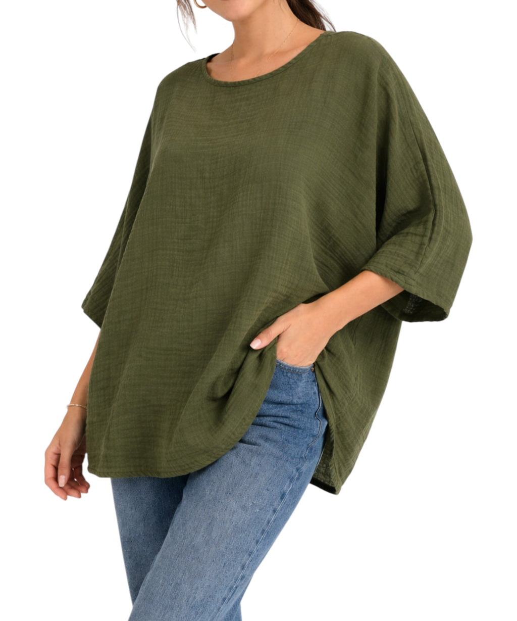 Blusentop Damen Musselin Oversize Bluse Fledermausärmel