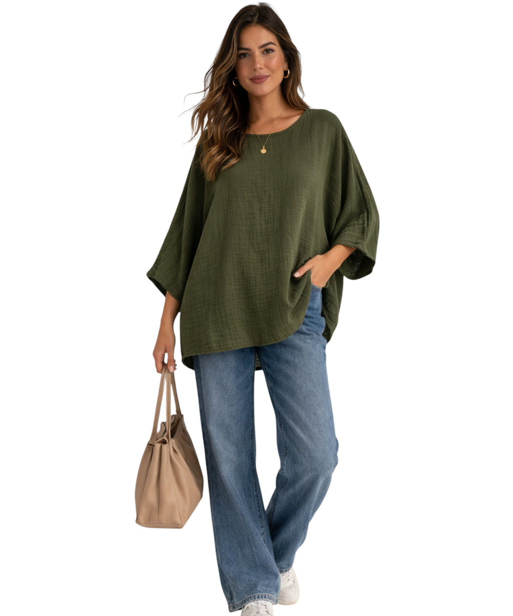 Blusentop Damen Musselin Oversize Bluse Fledermausärmel