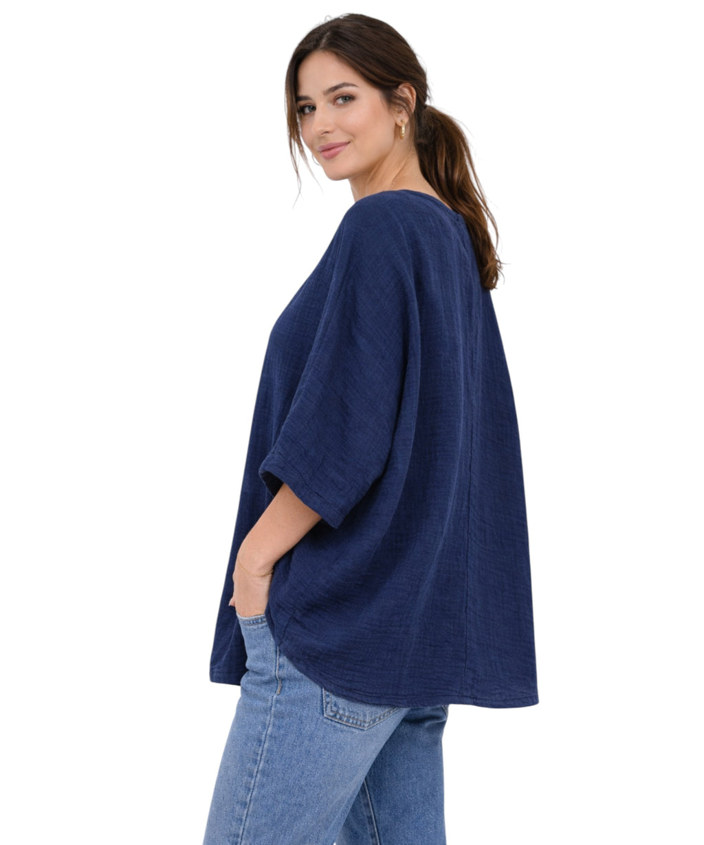 Blusentop Damen Musselin Oversize Bluse Fledermausärmel