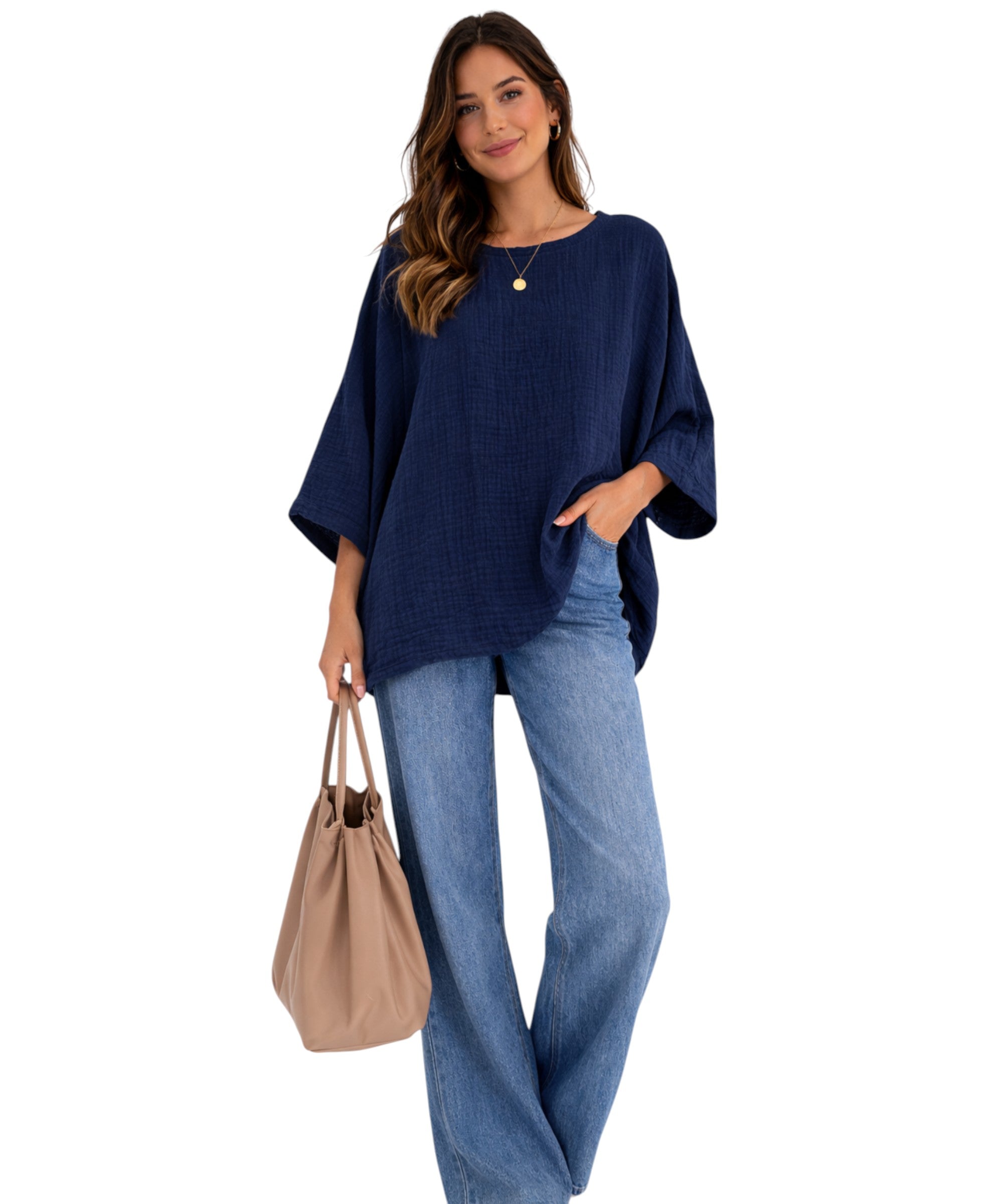 Blusentop Damen Musselin Oversize Bluse Fledermausärmel