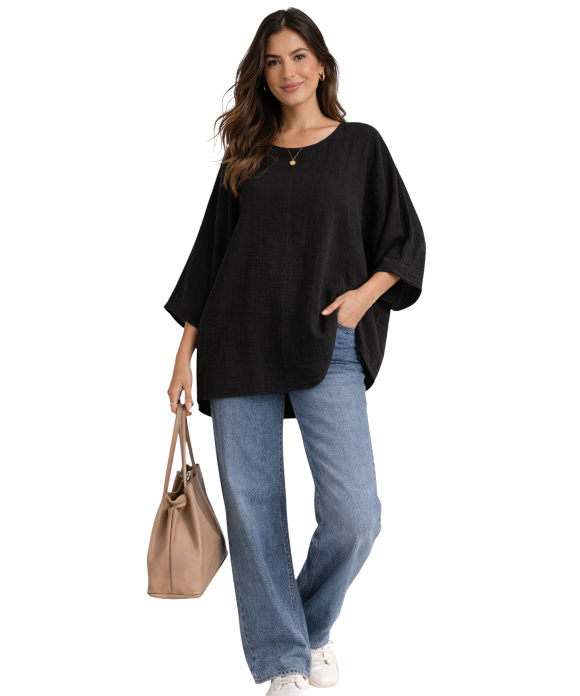 Blusentop Damen Musselin Oversize Bluse Fledermausärmel