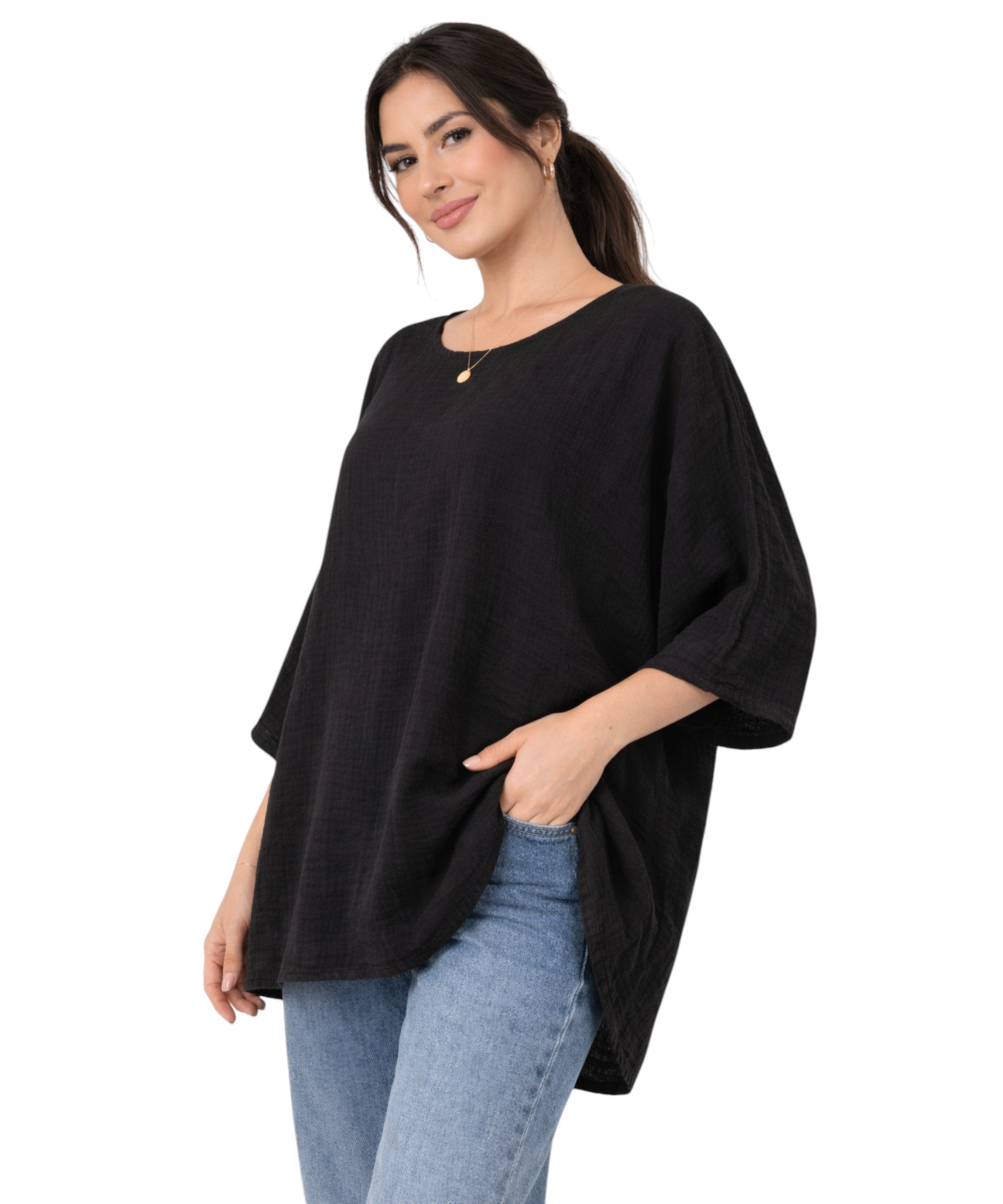 Blusentop Damen Musselin Oversize Bluse Fledermausärmel