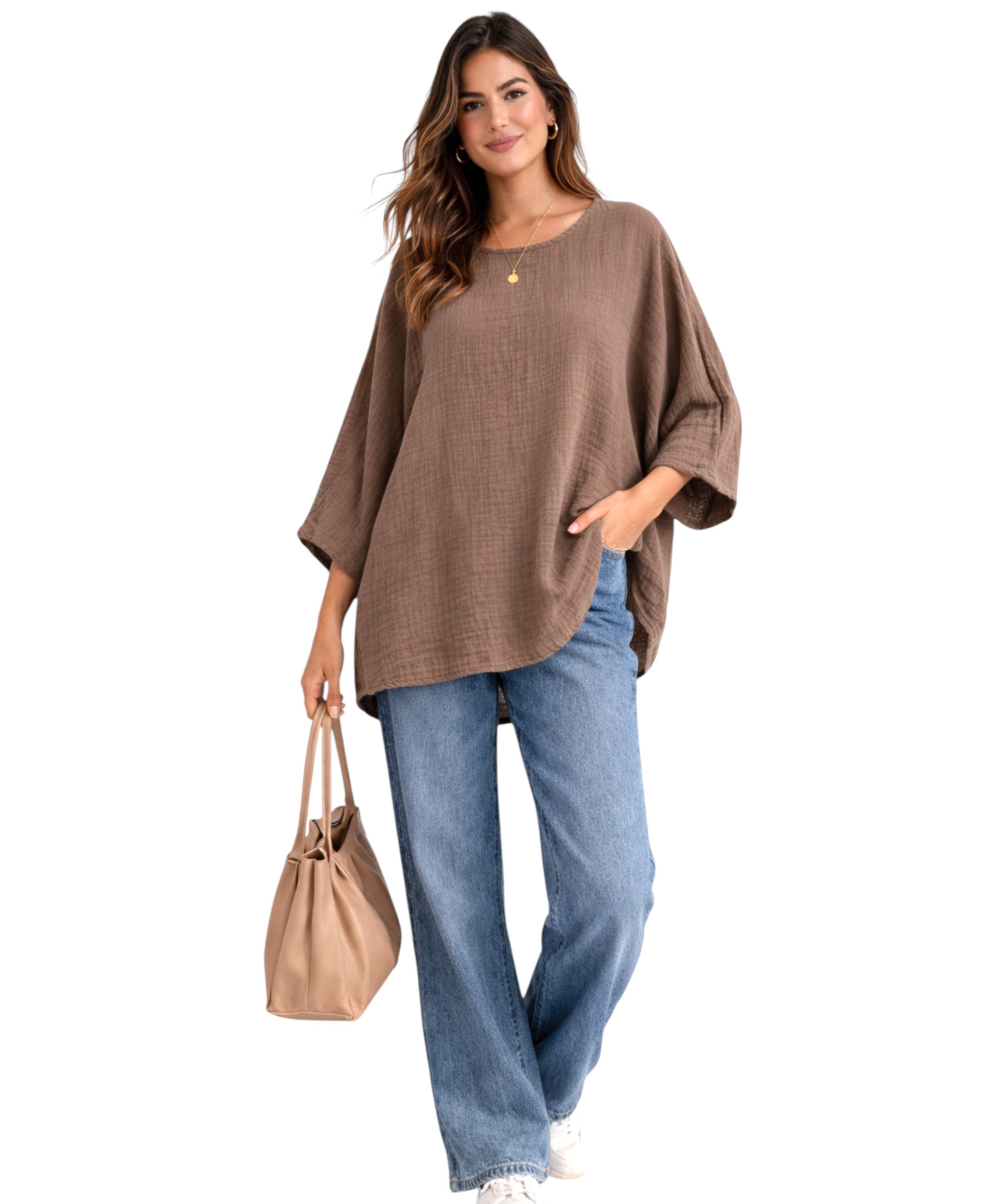 Blusentop Damen Musselin Oversize Bluse Fledermausärmel