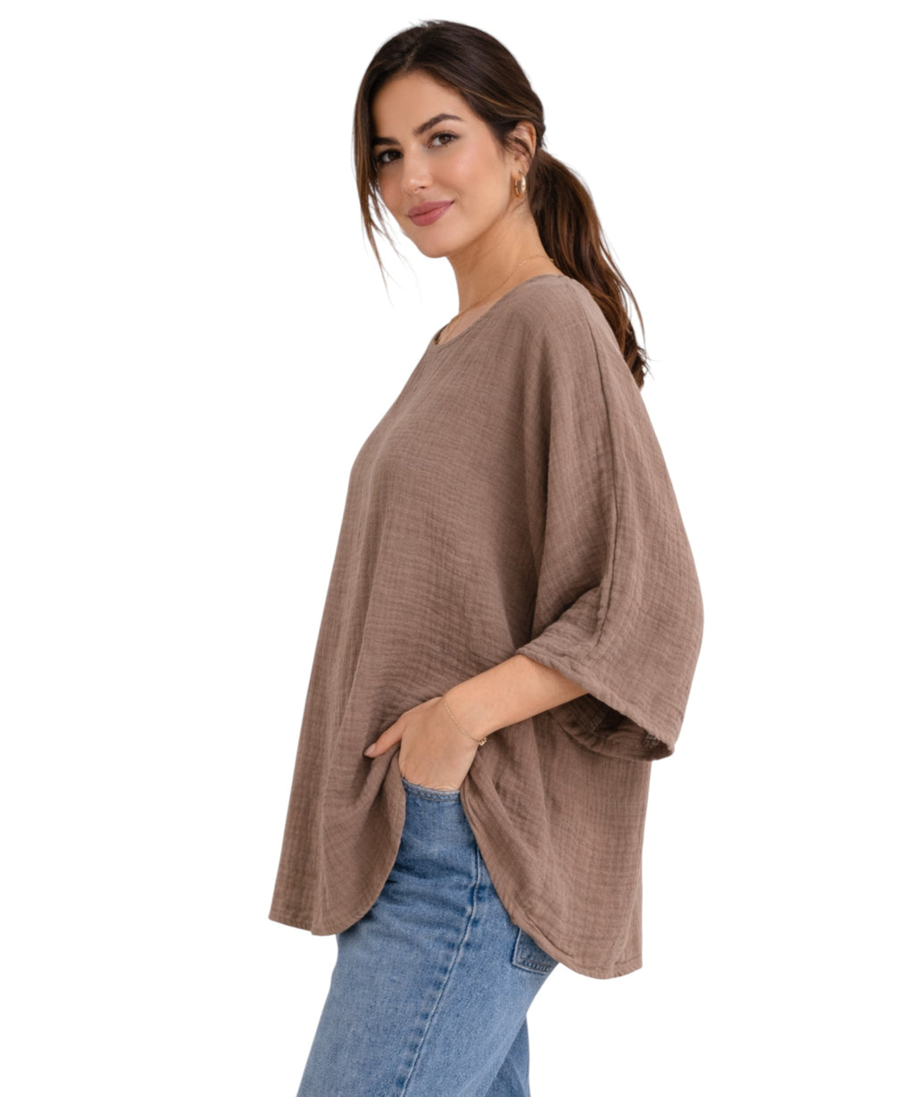 Blusentop Damen Musselin Oversize Bluse Fledermausärmel