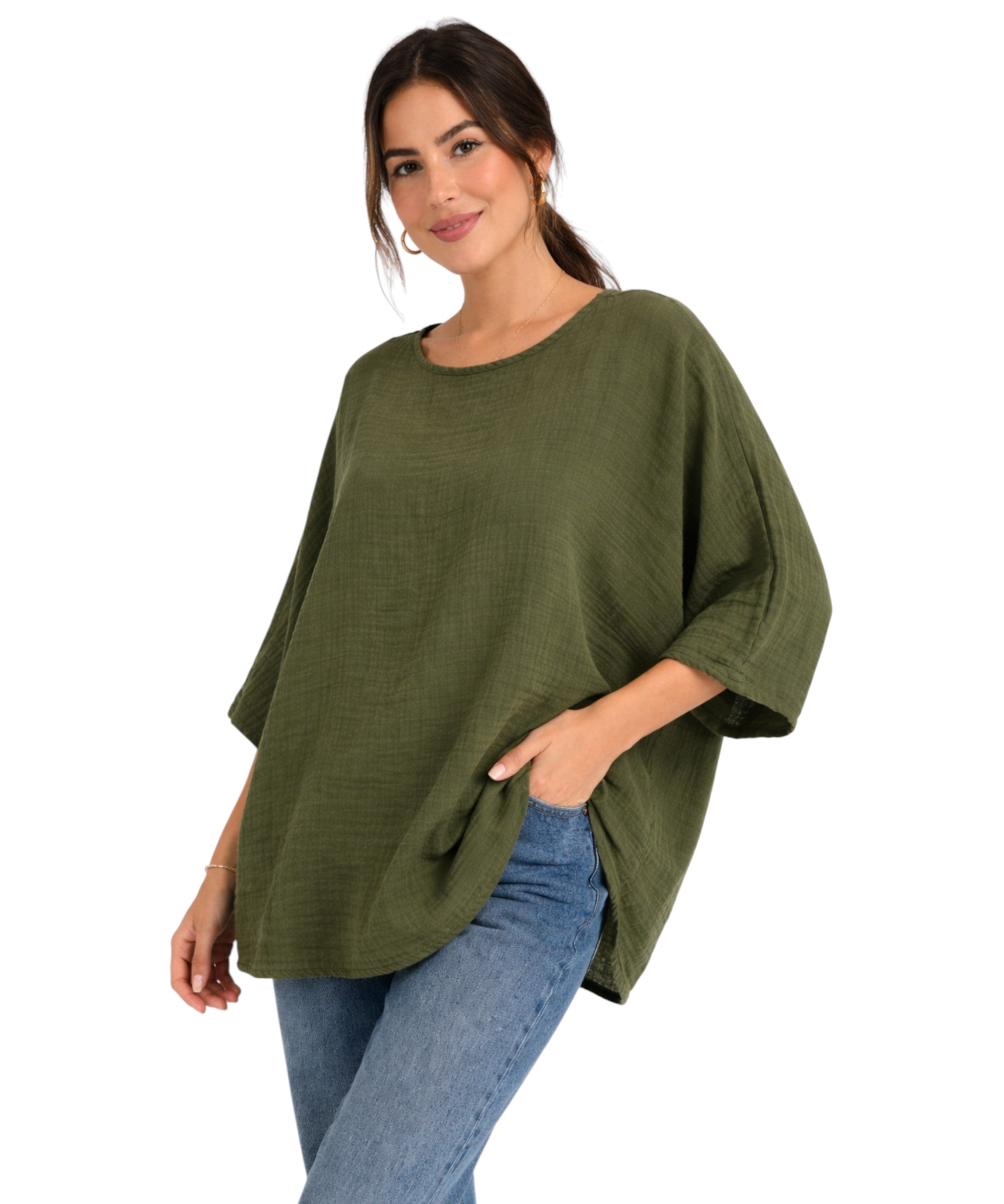 Blusentop Damen Musselin Oversize Bluse Fledermausärmel