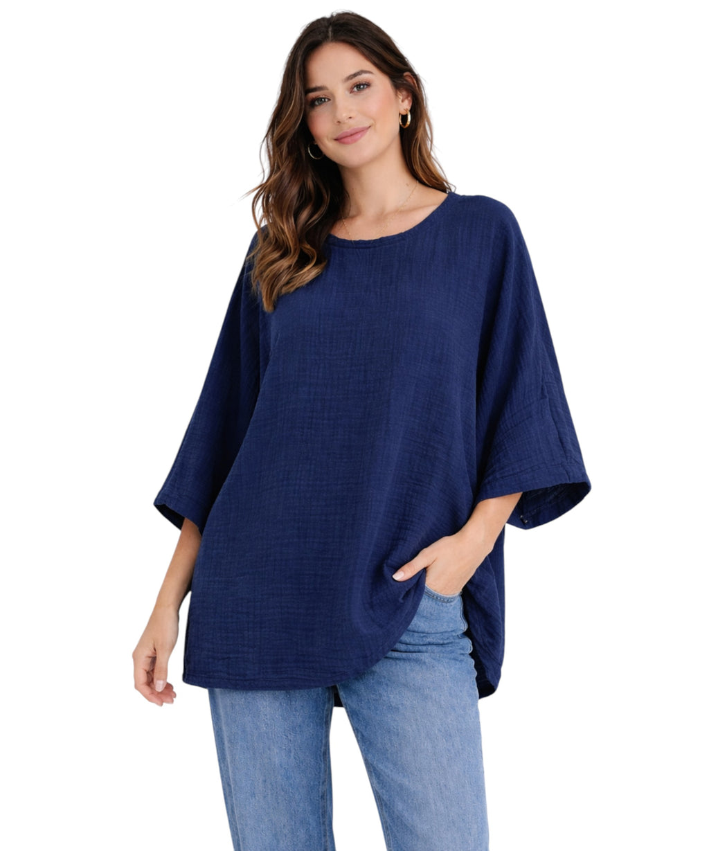 Blusentop Damen Musselin Oversize Bluse Fledermausärmel