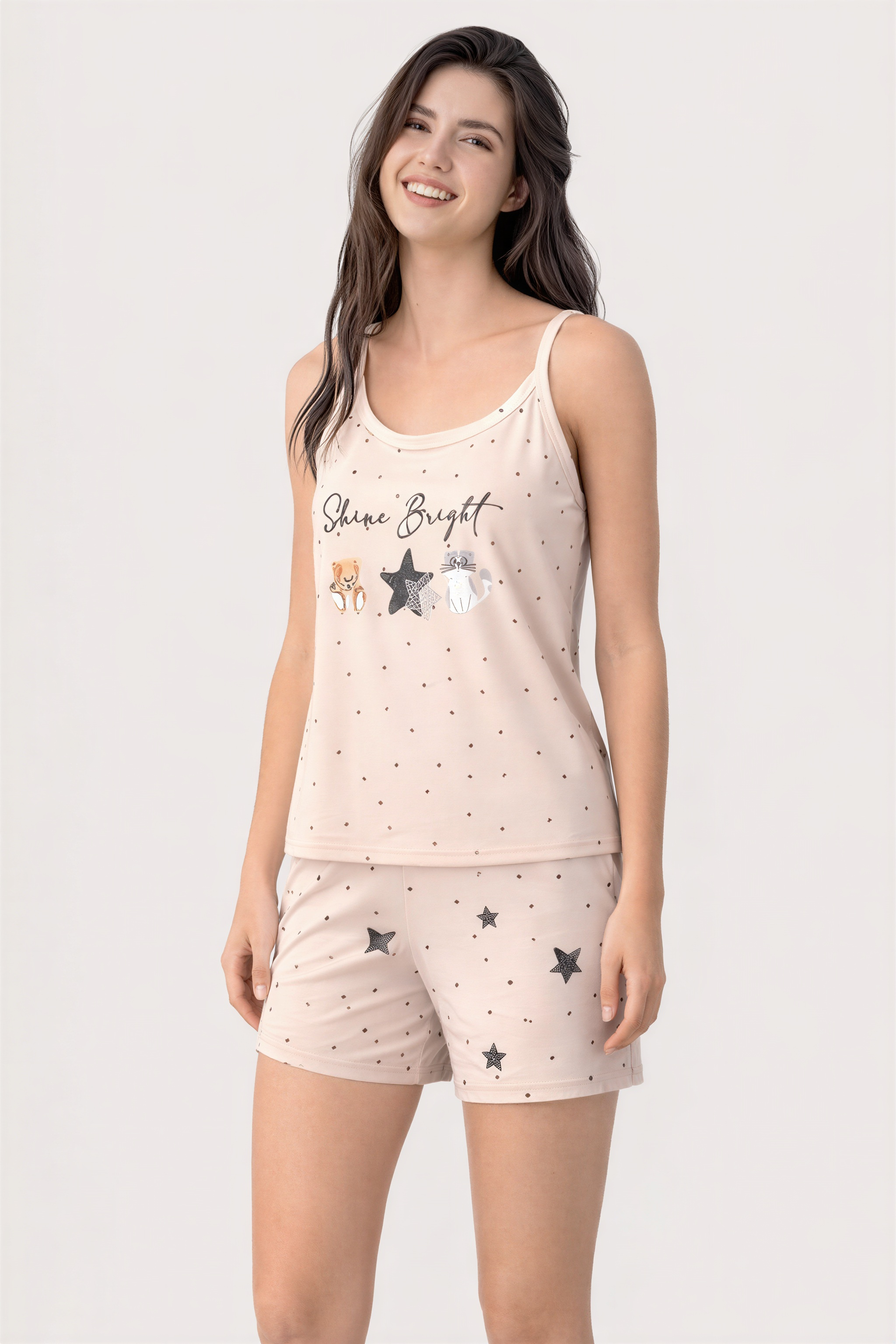 Pyjama Damen Schlafanzug mit Shorts & Top, weicher Baumwoll-Mix Print-Design