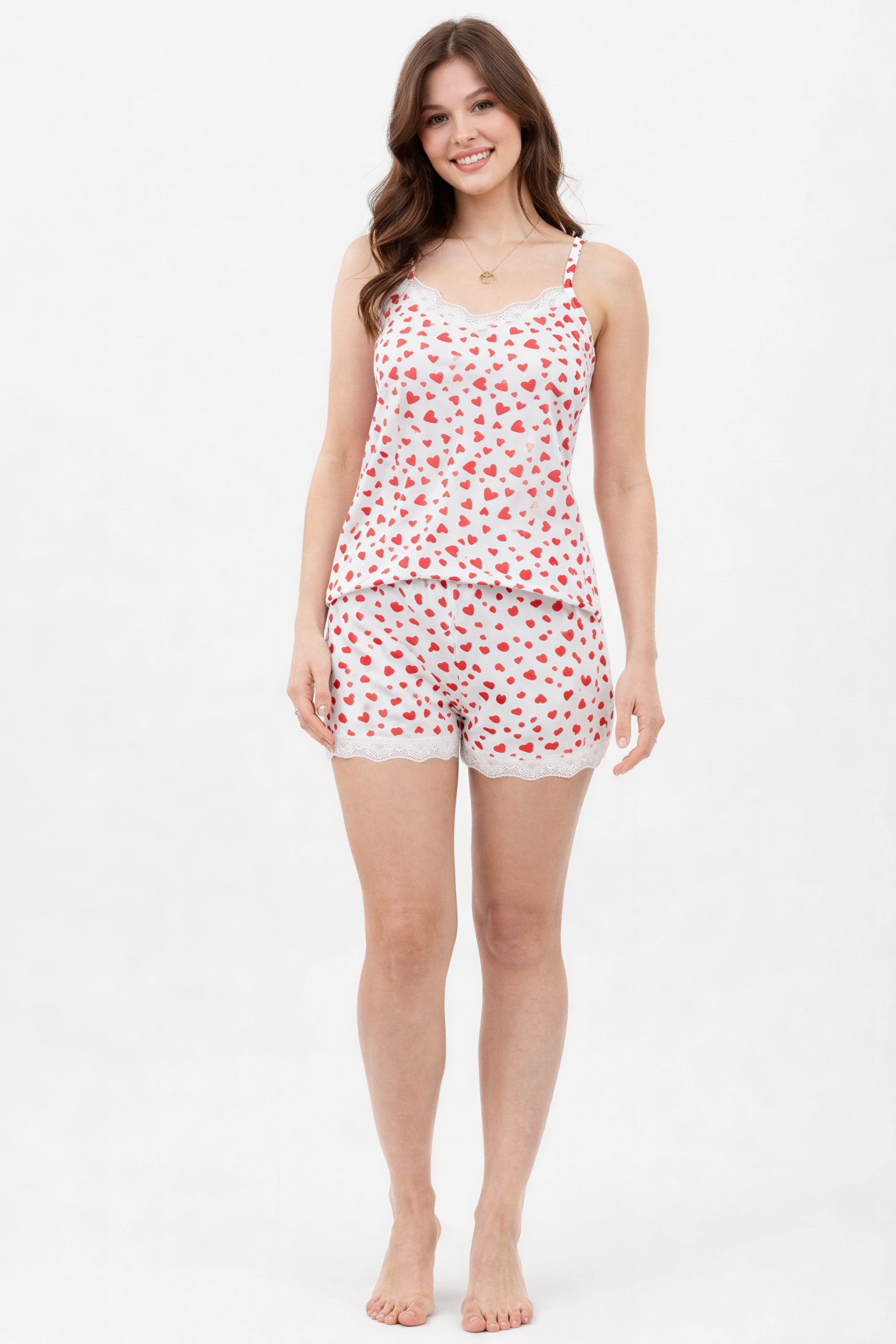 Pyjama Damen Hausanzug 2-teilig – Schlafanzug Set mit Shorts & Top, Herz-Design