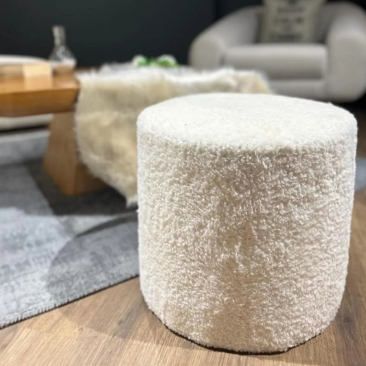 Pouf Hocker aus Holz - Runder Teddy Bouclé Hocker Beige modern & gemütlich