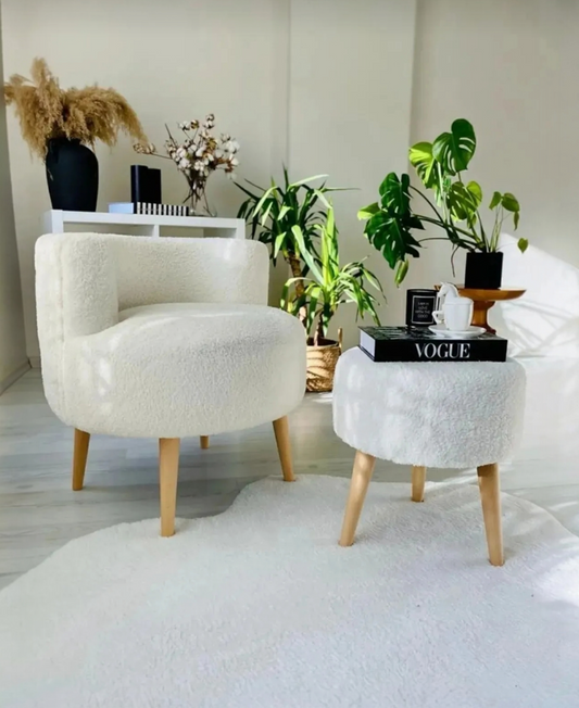 Boucle 2-teilig – Sessel & Hocker Cremeweiß, Skandi-Design