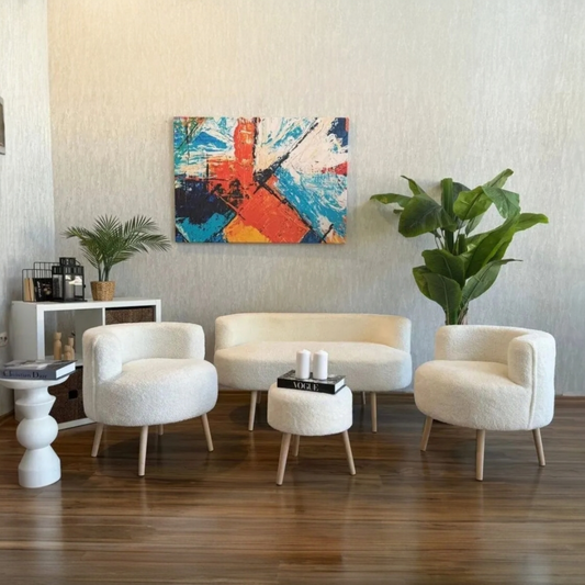 4-teilig – 2 Sessel, Sitzbank & Hocker, Bouclé-Stoff, skandinavisch