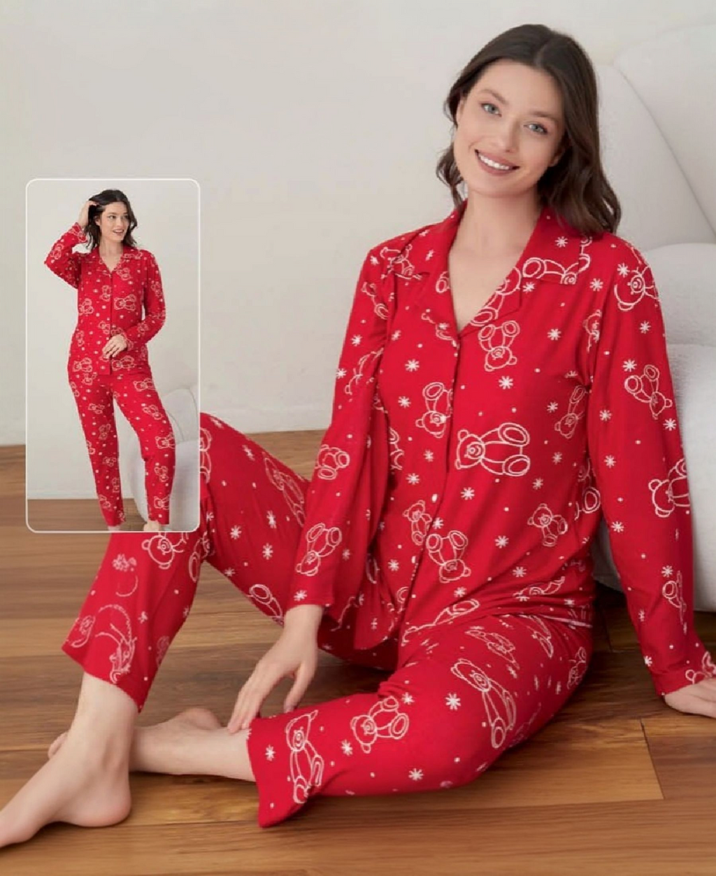 Pyjama Damen Schlafanzug Set – Langarm mit Teddybär-Design, warm & gemütlich