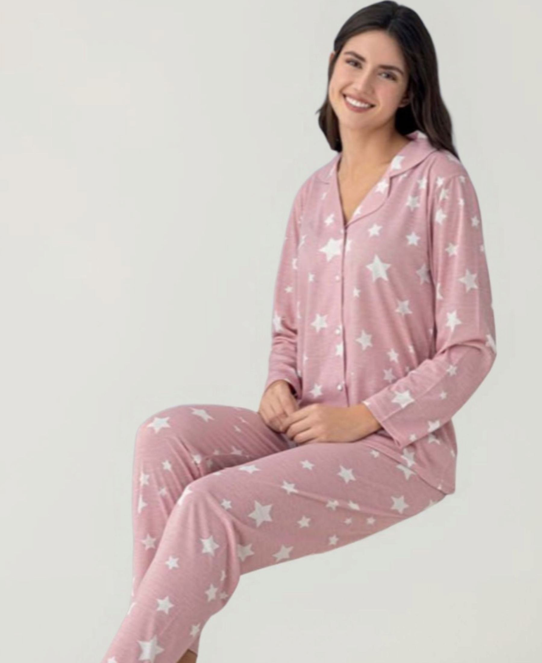 Pyjama Set Damen – Schlafanzug Weiches Jersey mit Knopfleiste