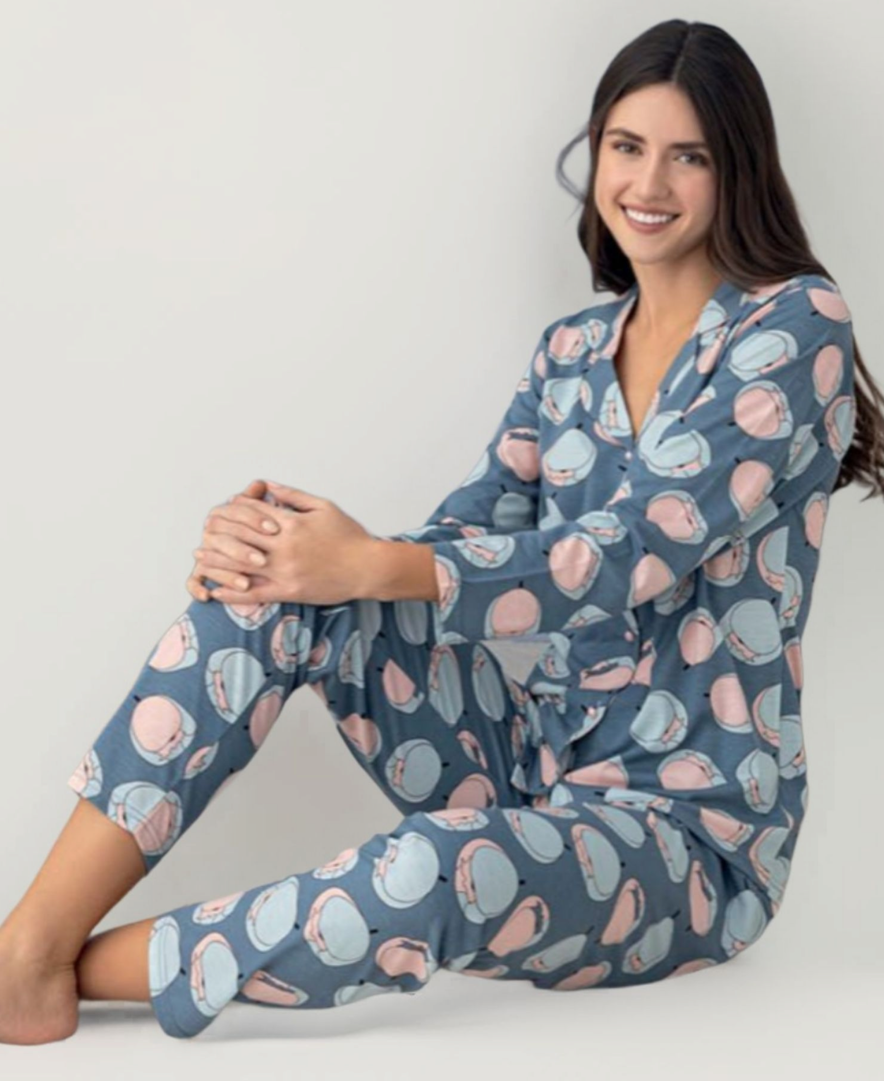 Pyjama Set Damen – Schlafanzug Weiches Jersey mit Knopfleiste