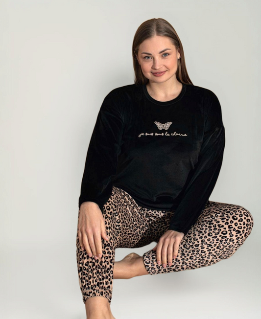 Hausanzug Damen Samt Schlafanzug Loungewear Pyjama Set Leopardenmuster
