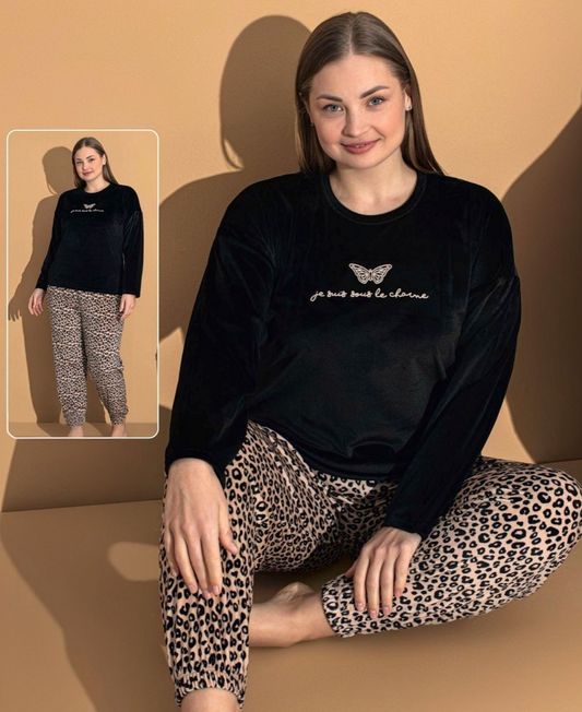 Hausanzug Damen Samt Schlafanzug Loungewear Pyjama Set Leopardenmuster