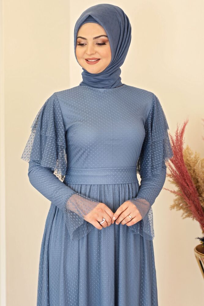 Tüllkleid Abendkleid aus gepunktetem Tüll Hijab Kleid Abiye Abaya