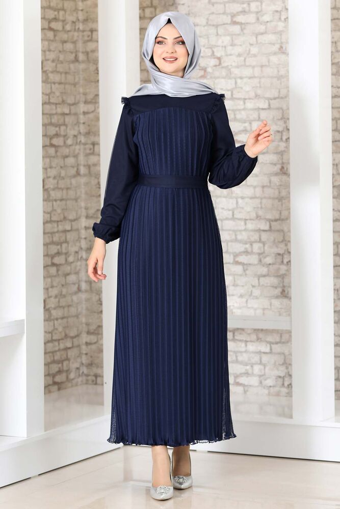 Abendkleid Damen Kleid elegant mit Passe und Faltendetail - Modest Fashion