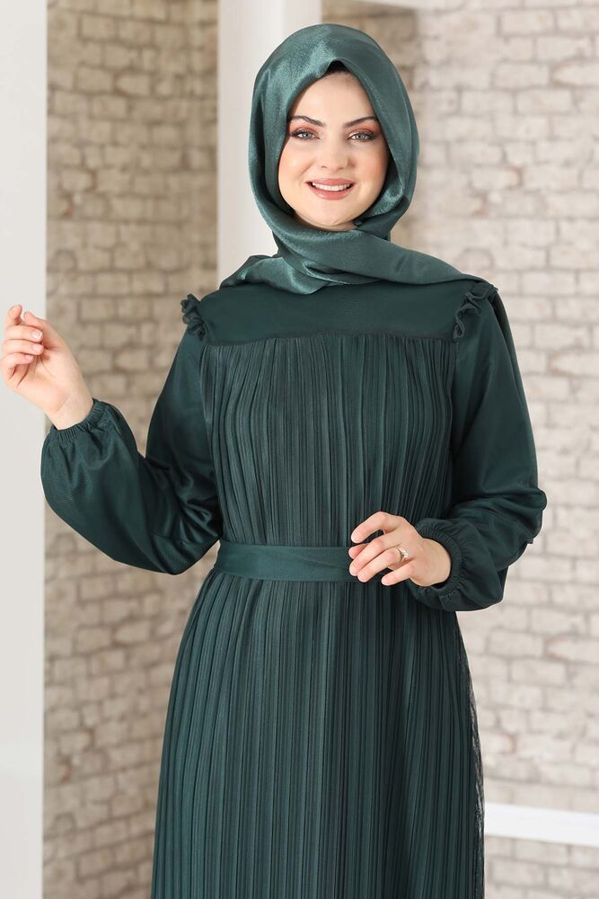 Abendkleid Damen Kleid elegant mit Passe und Faltendetail - Modest Fashion