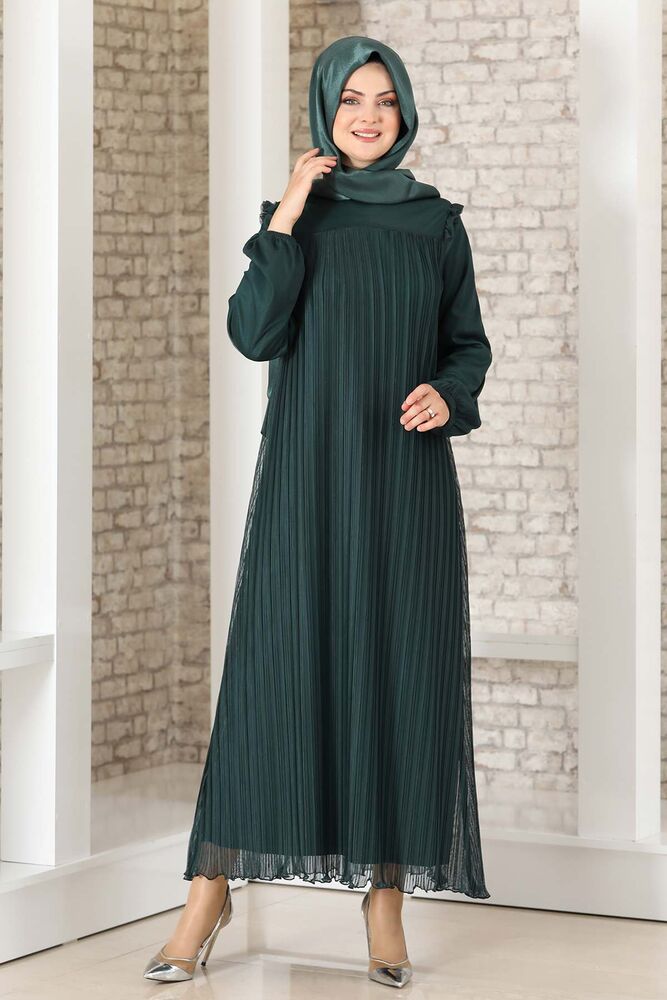 Abendkleid Damen Kleid elegant mit Passe und Faltendetail - Modest Fashion