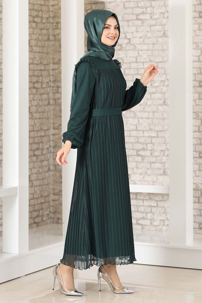 Abendkleid Damen Kleid elegant mit Passe und Faltendetail - Modest Fashion