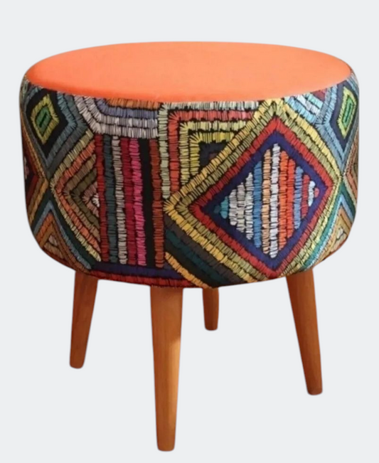 Hocker Retro im Ethno-Design - Sitzhocker runder Pouf mit Holzfüßen