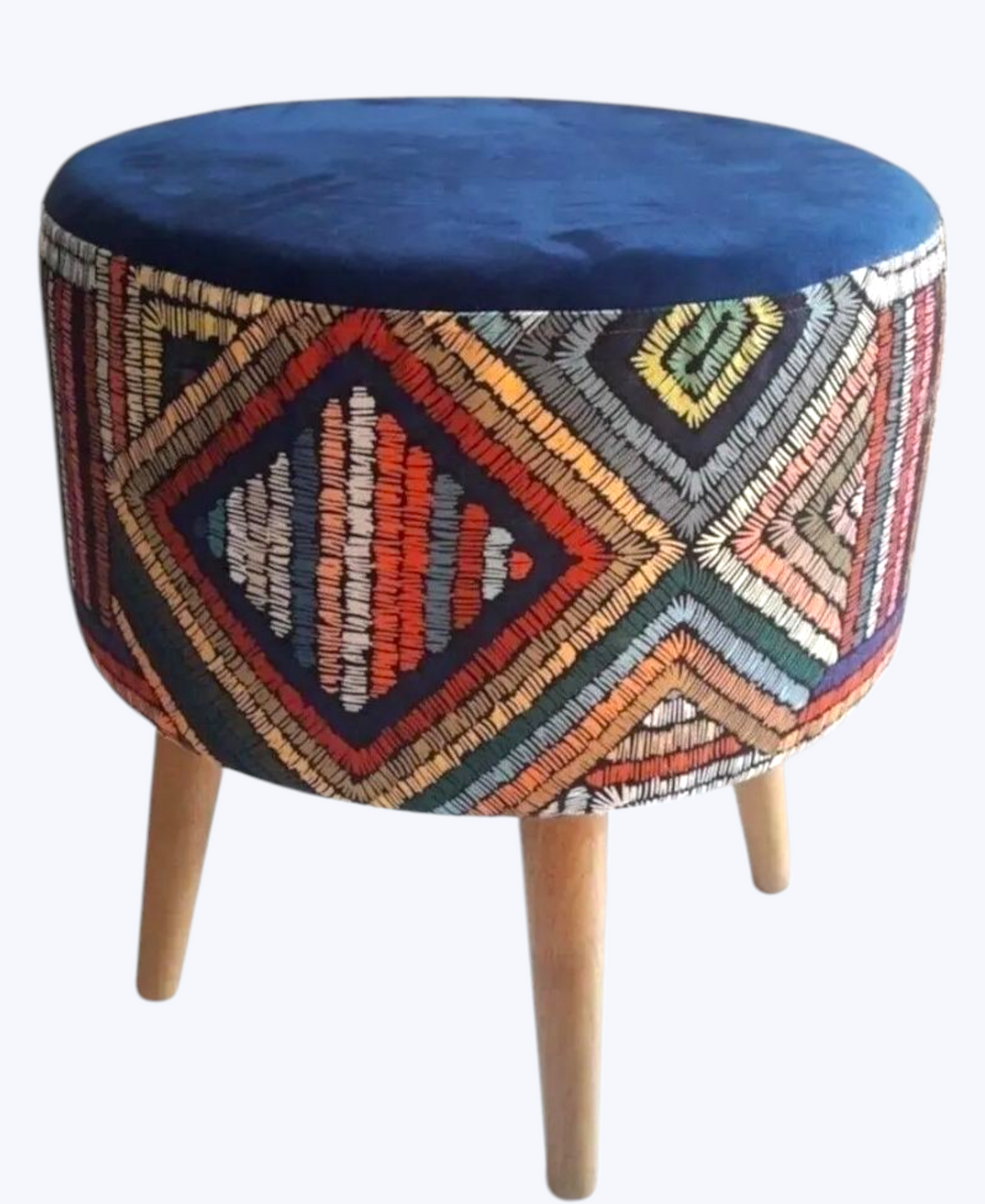 Hocker Retro im Ethno-Design - Sitzhocker runder Pouf mit Holzfüßen