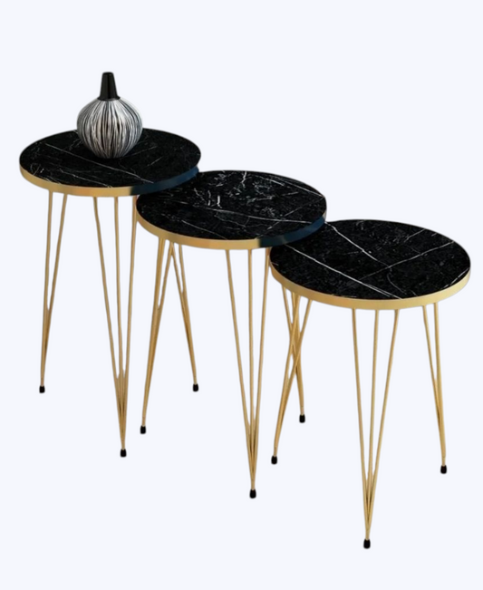 Beistelltisch 3er Set Runder Wohnzimmertisch mit Marmor-Optik & Gold-Gestell