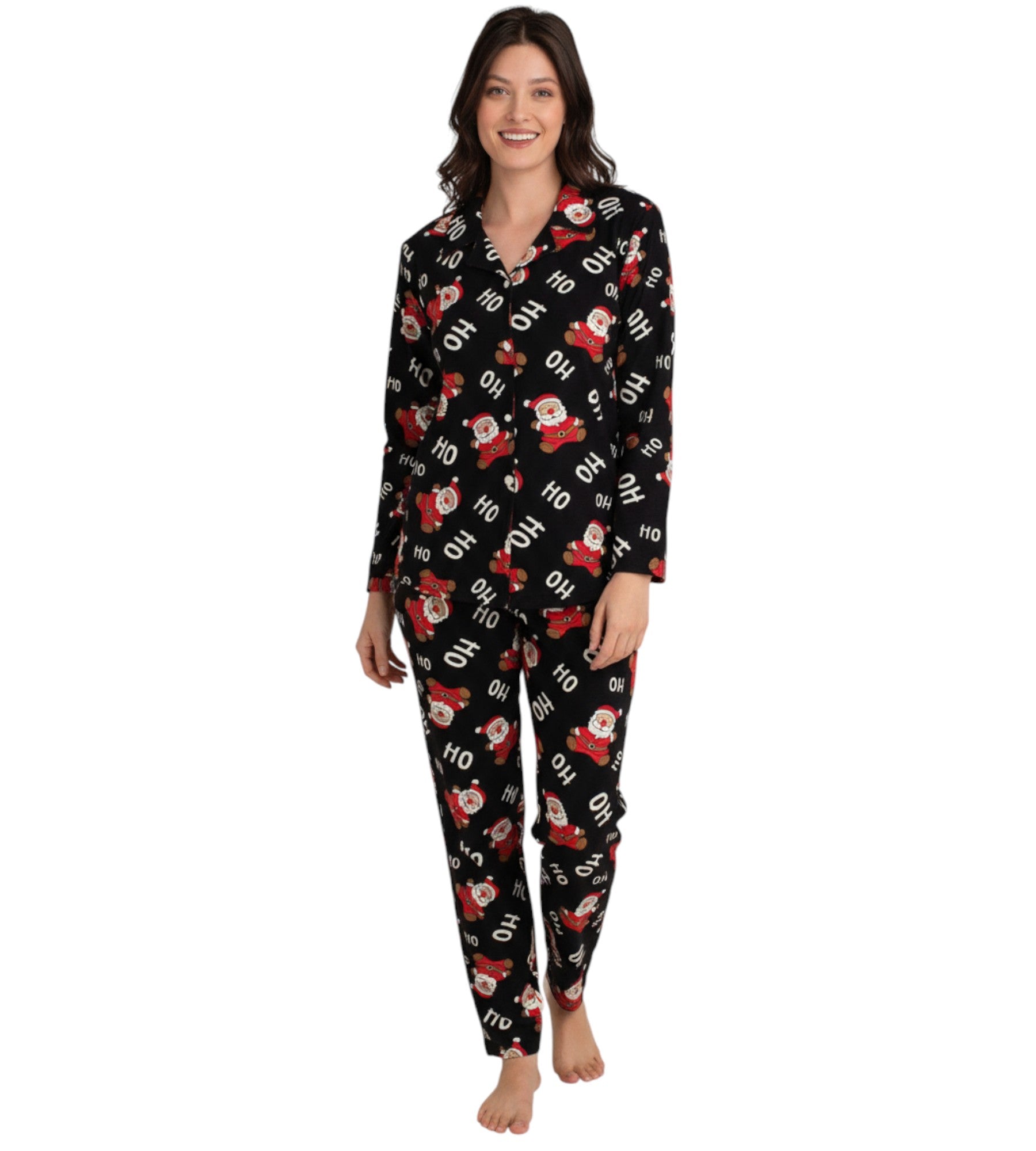 Pyjama Damen Weihnachts-Schlafanzug Winter Hausanzug Santa Claus Ho Ho Ho