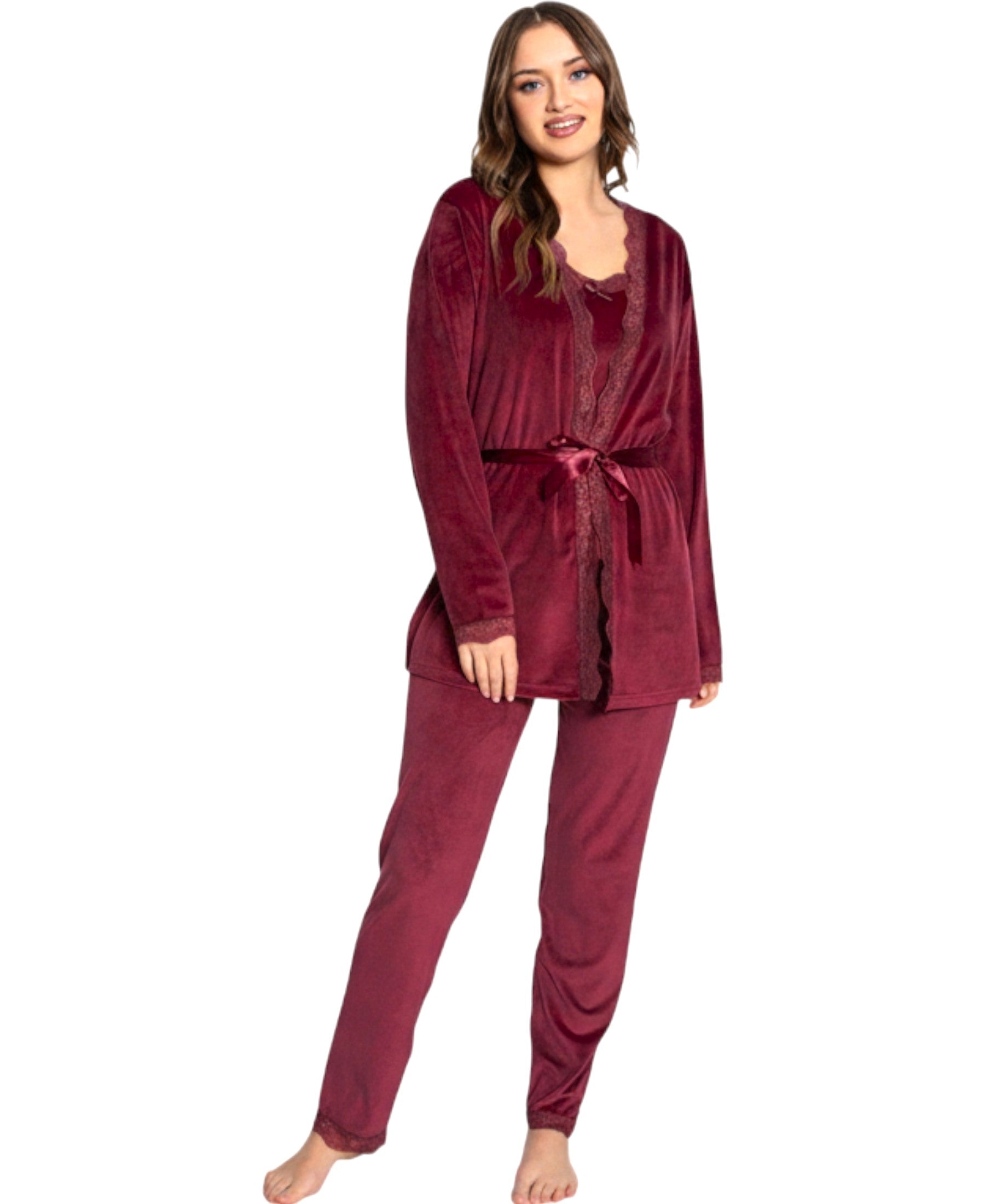 Hausanzug 3 teiliger Pyjama Schlafanzug mit Morgenmantel 100% Samt