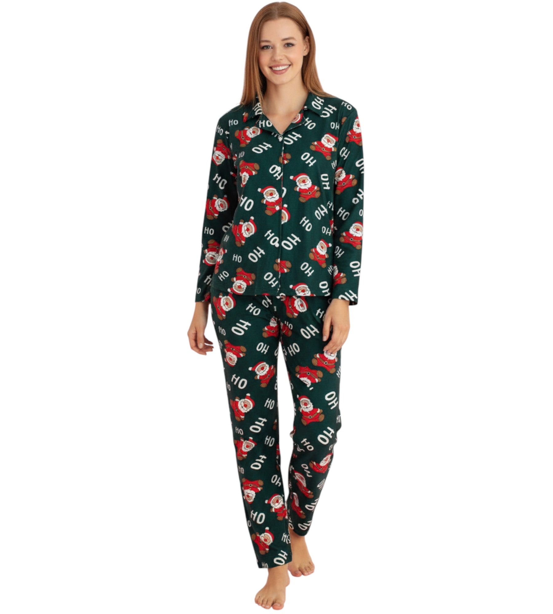 Pyjama Damen Weihnachts-Schlafanzug Winter Hausanzug Santa Claus Ho Ho Ho