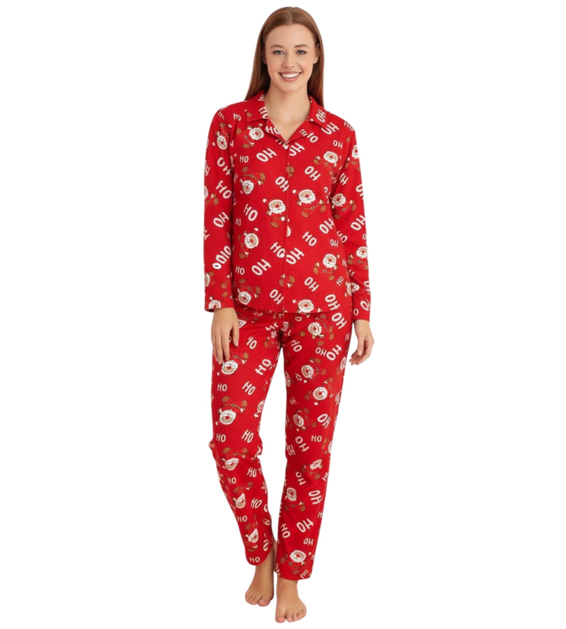 Pyjama Damen Weihnachts-Schlafanzug Winter Hausanzug Santa Claus Ho Ho Ho