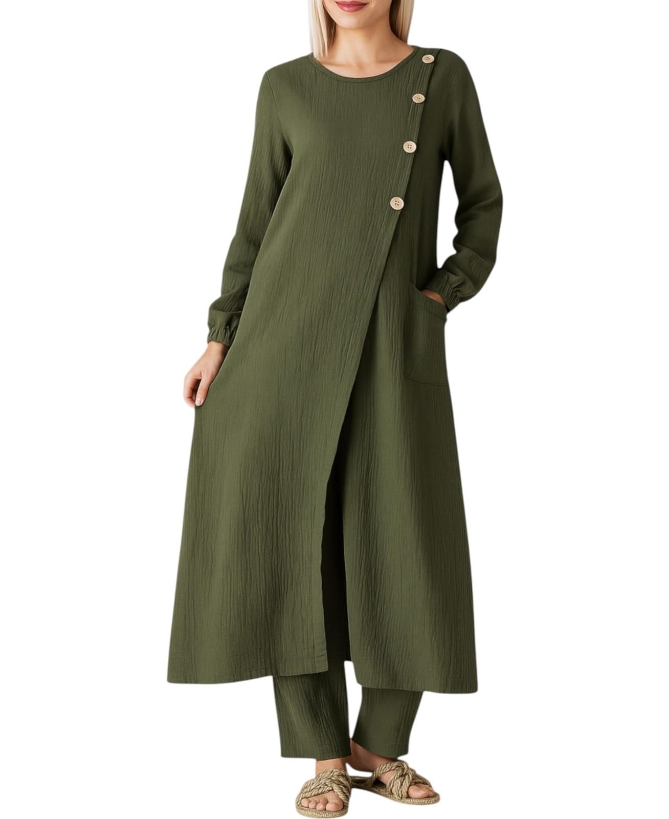 Longtunika – Sommer Musselin mit Frontschlitz, Knopfdetail, 100 % Baumwolle, 130 cm