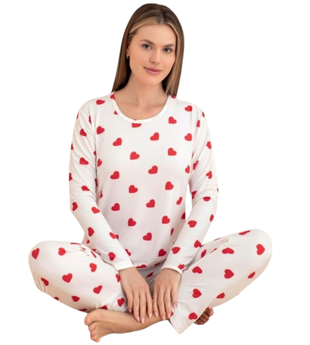 Damen Schlafanzug Set 2-teilig mit Herzmuster – Bequemer Hausanzug