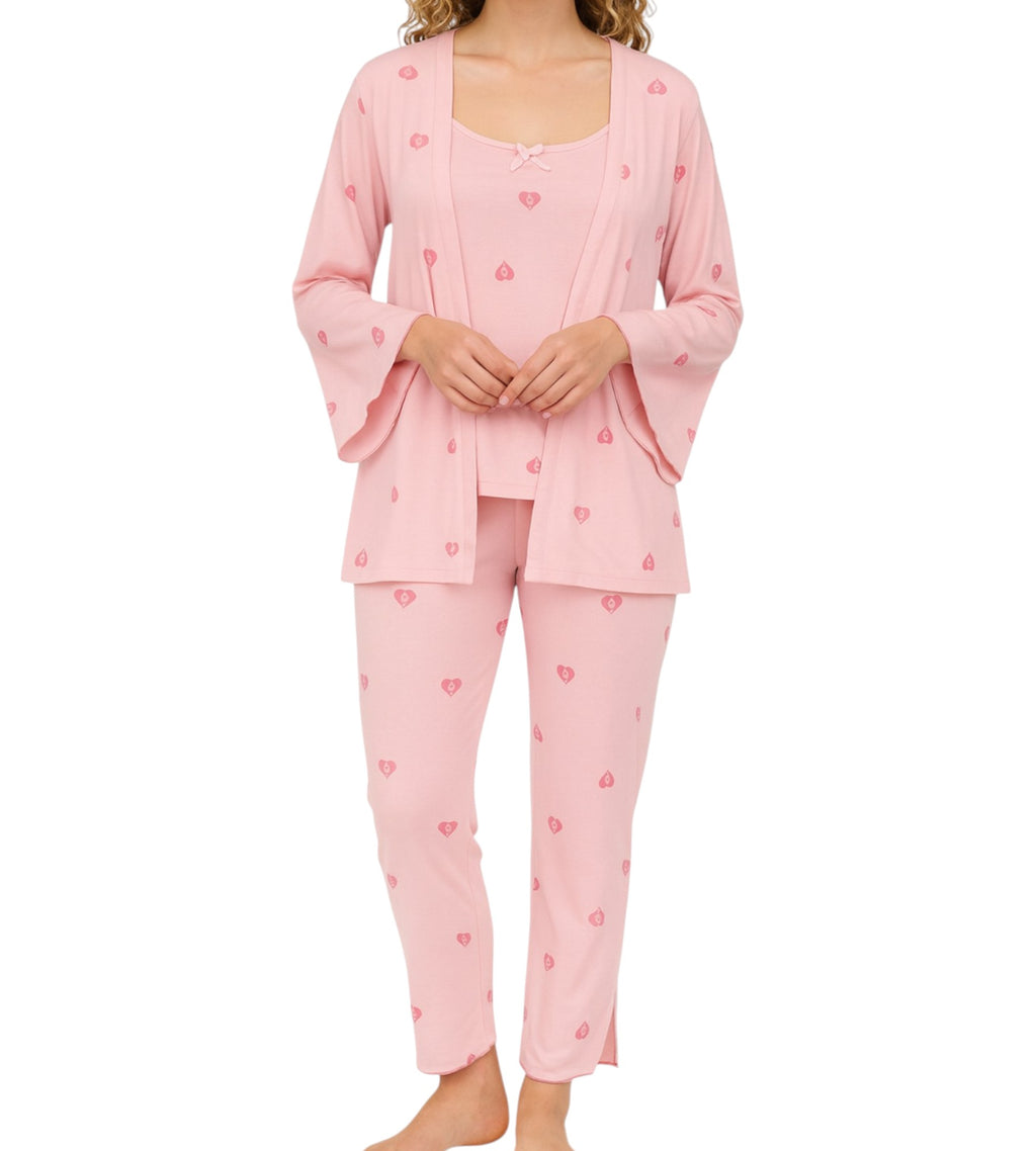 Pyjama Damen 3-teiliges Set - Hausanzug mit Top, Hose & Morgenmantel