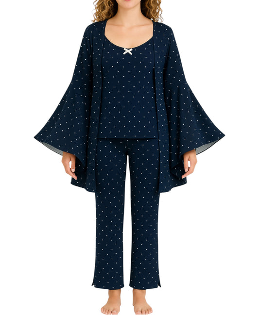 Pyjama Damen 3-teiliges Set - Hausanzug mit Top, Hose & Morgenmantel
