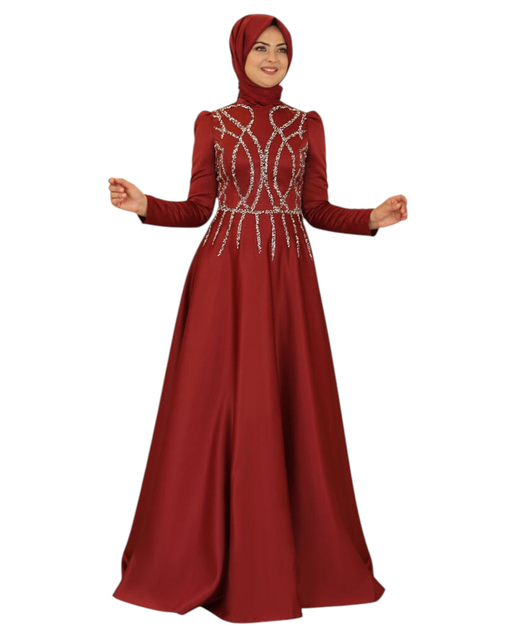 Satinkleid Maxikleid in Satinoptik mit Schmucksteinbesatz - Modest Fashion Abiye