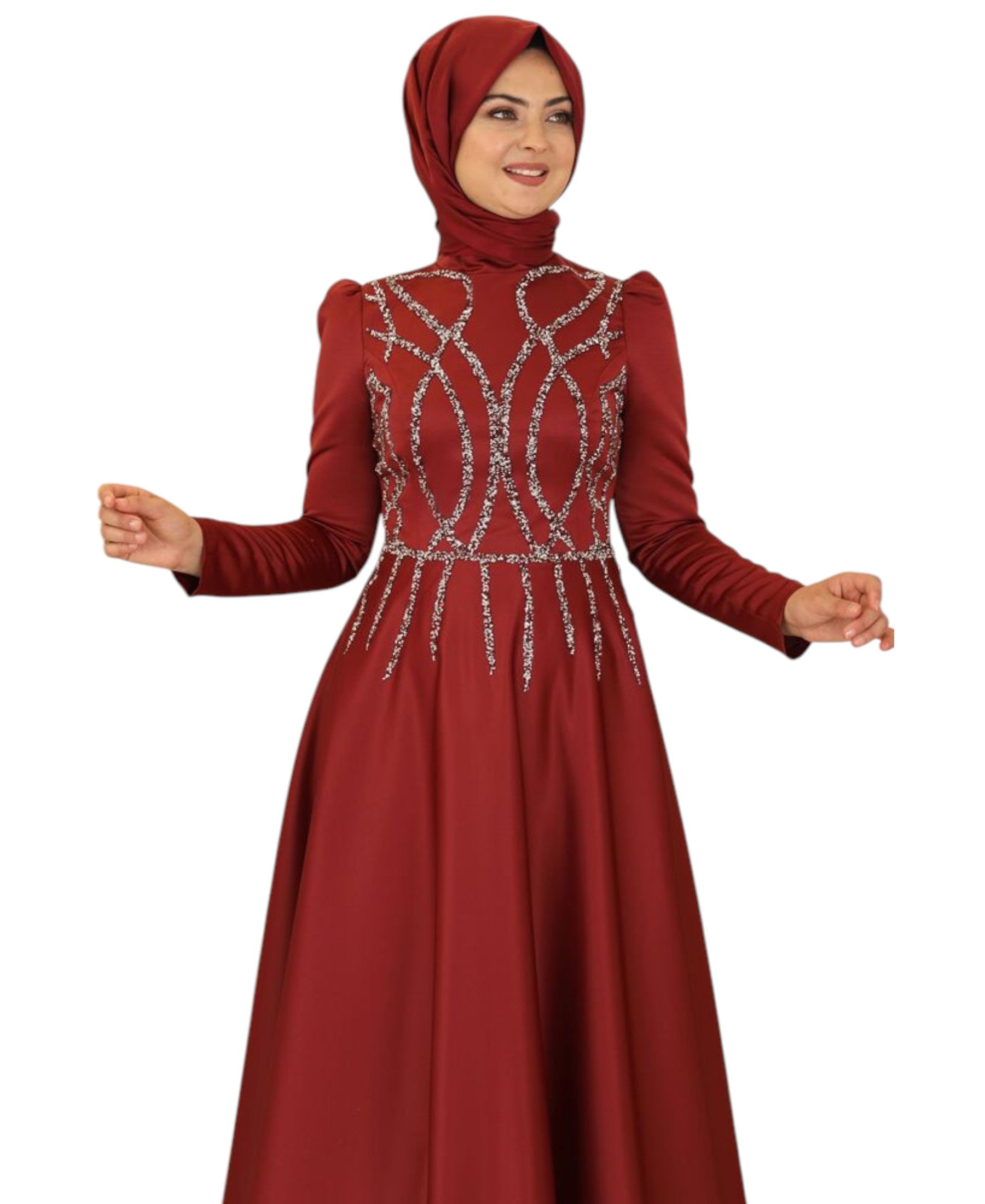 Satinkleid Maxikleid in Satinoptik mit Schmucksteinbesatz - Modest Fashion Abiye