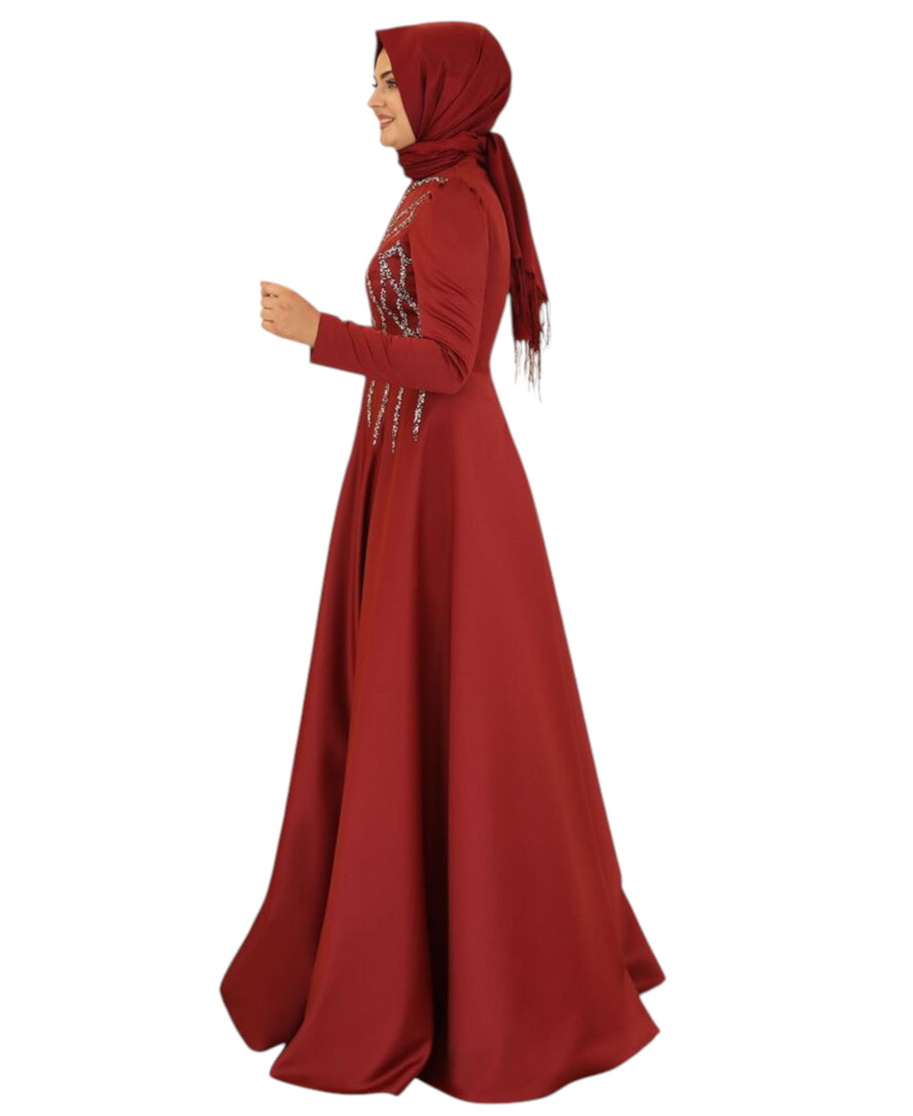 Satinkleid Maxikleid in Satinoptik mit Schmucksteinbesatz - Modest Fashion Abiye