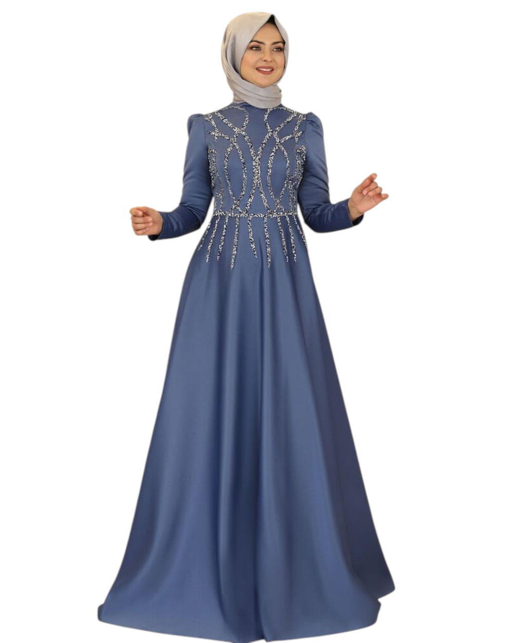 Satinkleid Maxikleid in Satinoptik mit Schmucksteinbesatz - Modest Fashion Abiye