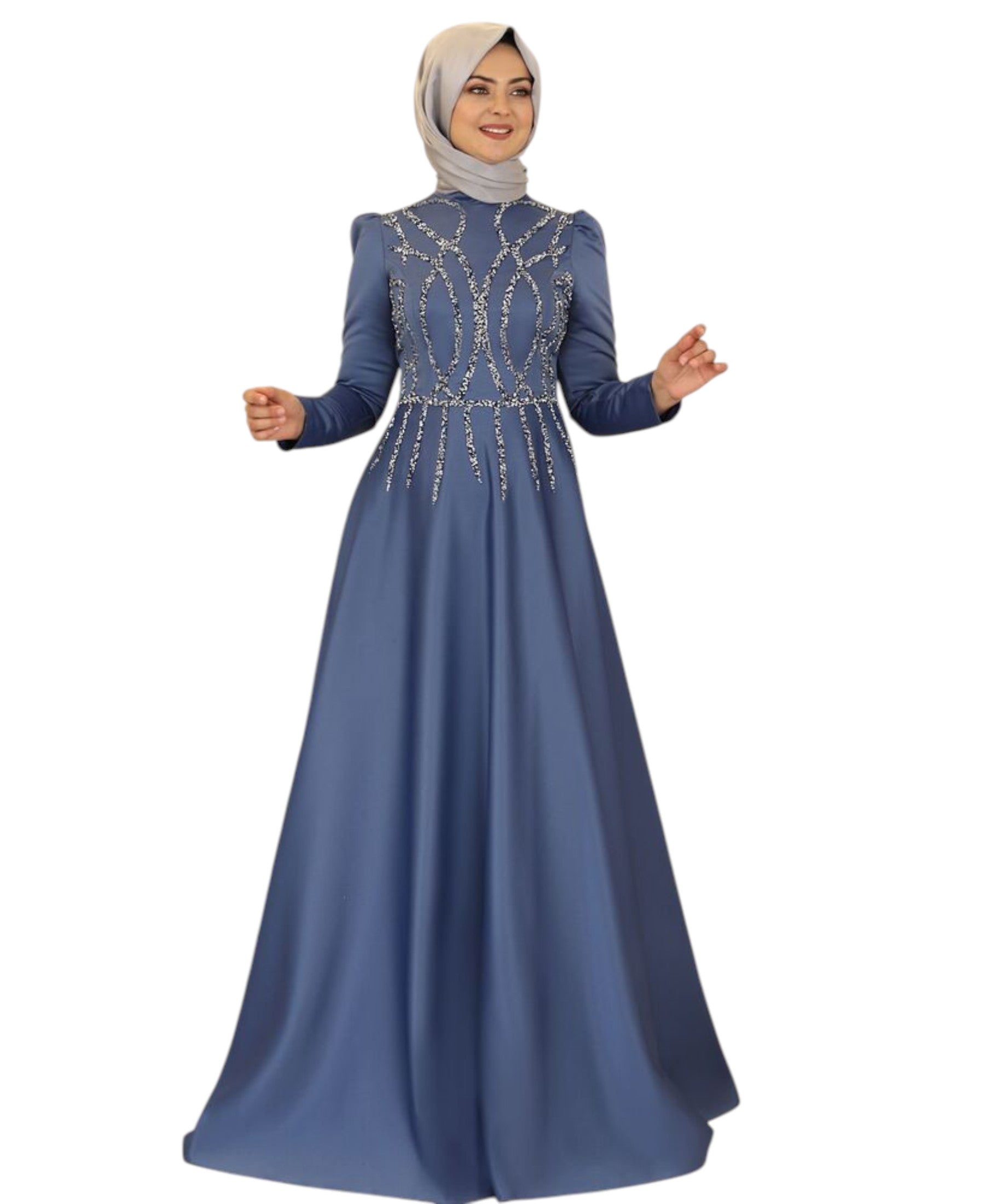 Satinkleid Maxikleid in Satinoptik mit Schmucksteinbesatz - Modest Fashion Abiye