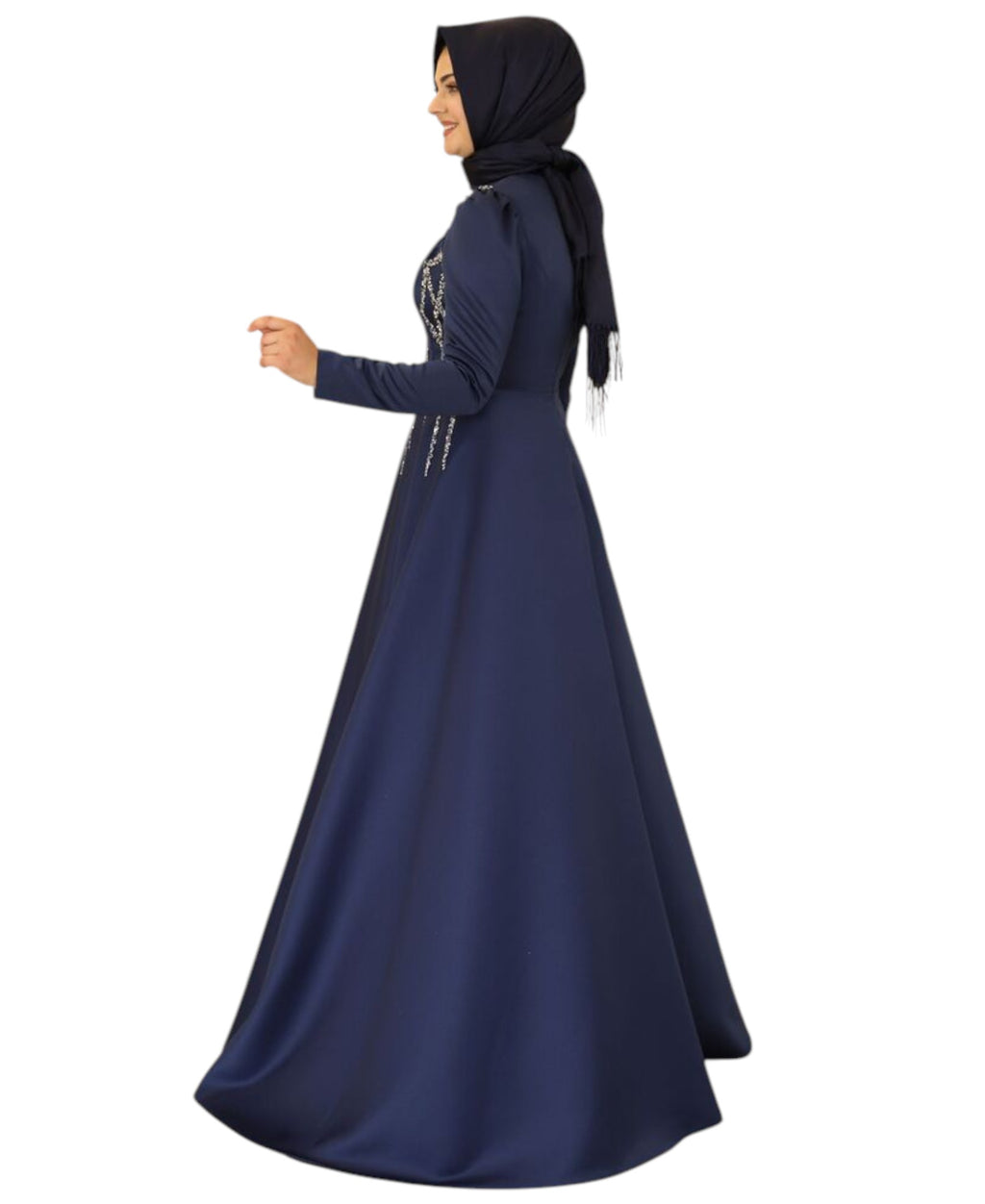 Satinkleid Maxikleid in Satinoptik mit Schmucksteinbesatz - Modest Fashion Abiye