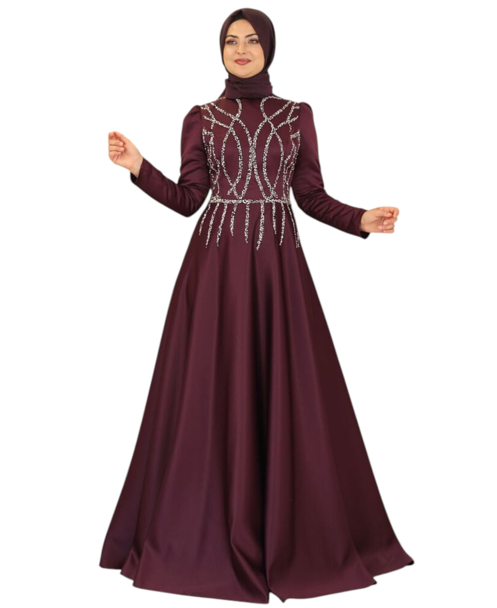 Satinkleid Maxikleid in Satinoptik mit Schmucksteinbesatz - Modest Fashion Abiye