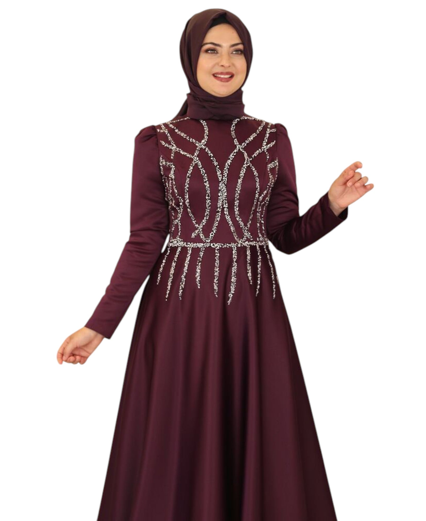 Satinkleid Maxikleid in Satinoptik mit Schmucksteinbesatz - Modest Fashion Abiye