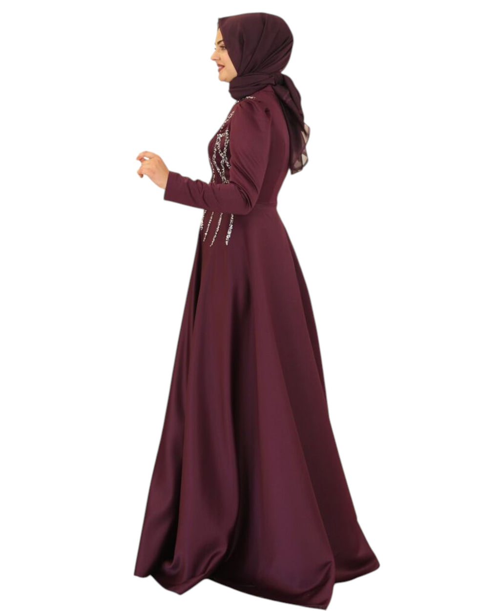 Satinkleid Maxikleid in Satinoptik mit Schmucksteinbesatz - Modest Fashion Abiye